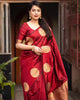 Sarify Emerald Maroon Silk Saree with Golden Zari Circular Motifs